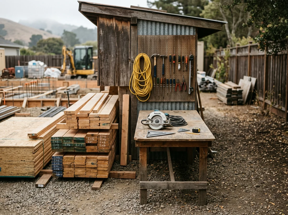 Construction site with tools, materials, and framing work in progress, showcasing active project setup.
