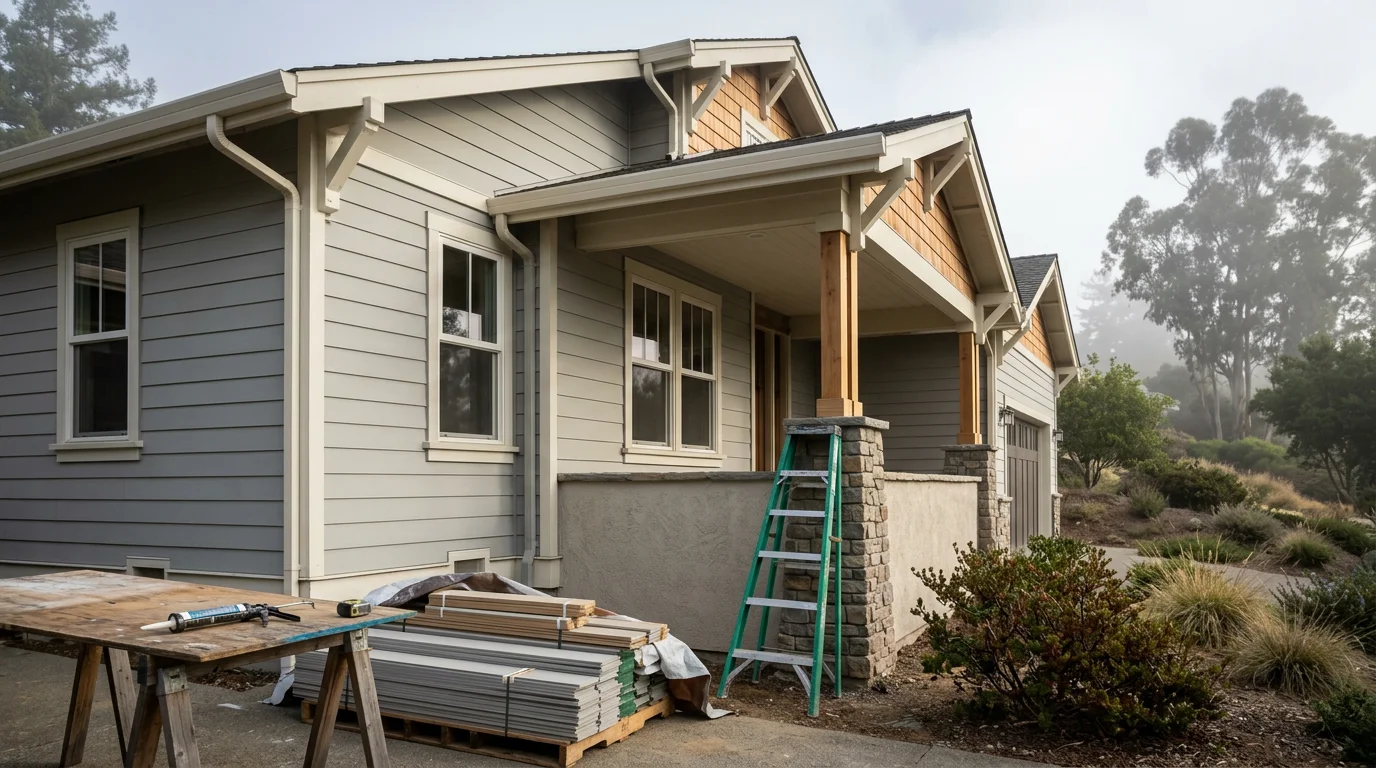 Home exterior with finished siding and trim work