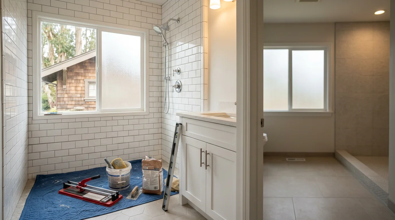 Modern bathroom with new tile work and plumbing fixtures
