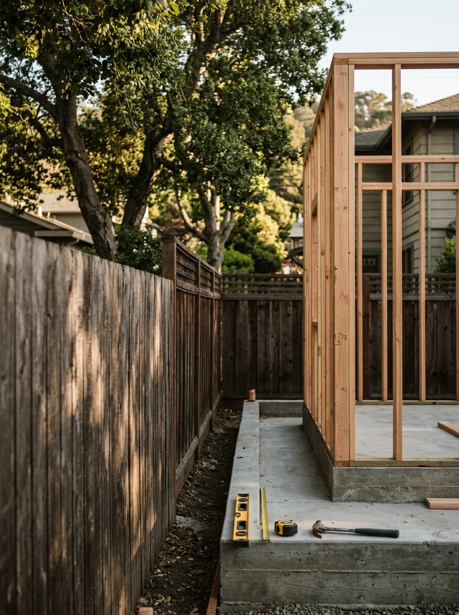 A detached garage ADU conversion in Berkeley's Elmwood neighborhood, showing new framing and foundation work on a narrow rear lot.
