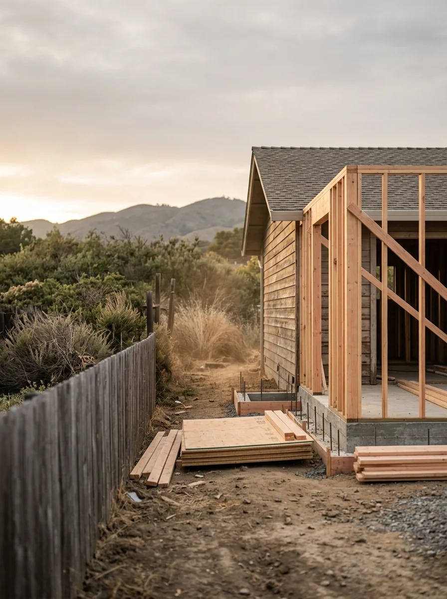 A rear home addition under construction on a Concord suburban lot, showing concrete foundation forms and new framing attached to an existing ranch house.
