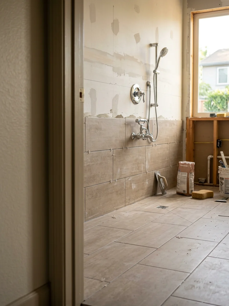 A Fairfield bathroom remodel showing new tile work installation on the floor and walls, with fresh drywall and plumbing fixture installation complete.