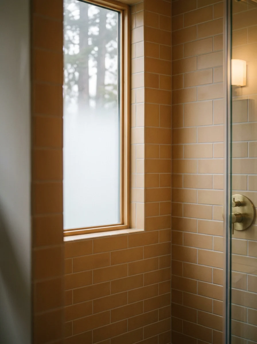 Freshly installed tile work in a Marin County bathroom remodel, with fog-resistant exterior finishing visible through the window.