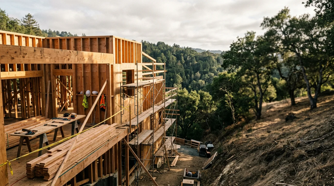 A hillside home addition under construction in Marin County, CA, with framing visible on a sloped lot above a tree-lined canyon.