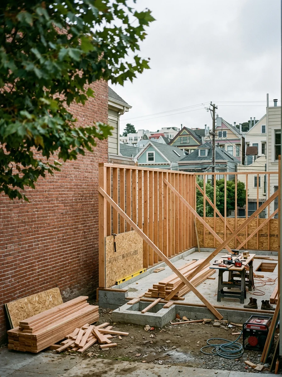 A compact rear ADU under construction on a San Francisco lot, showing foundation work and framing on a narrow urban property.