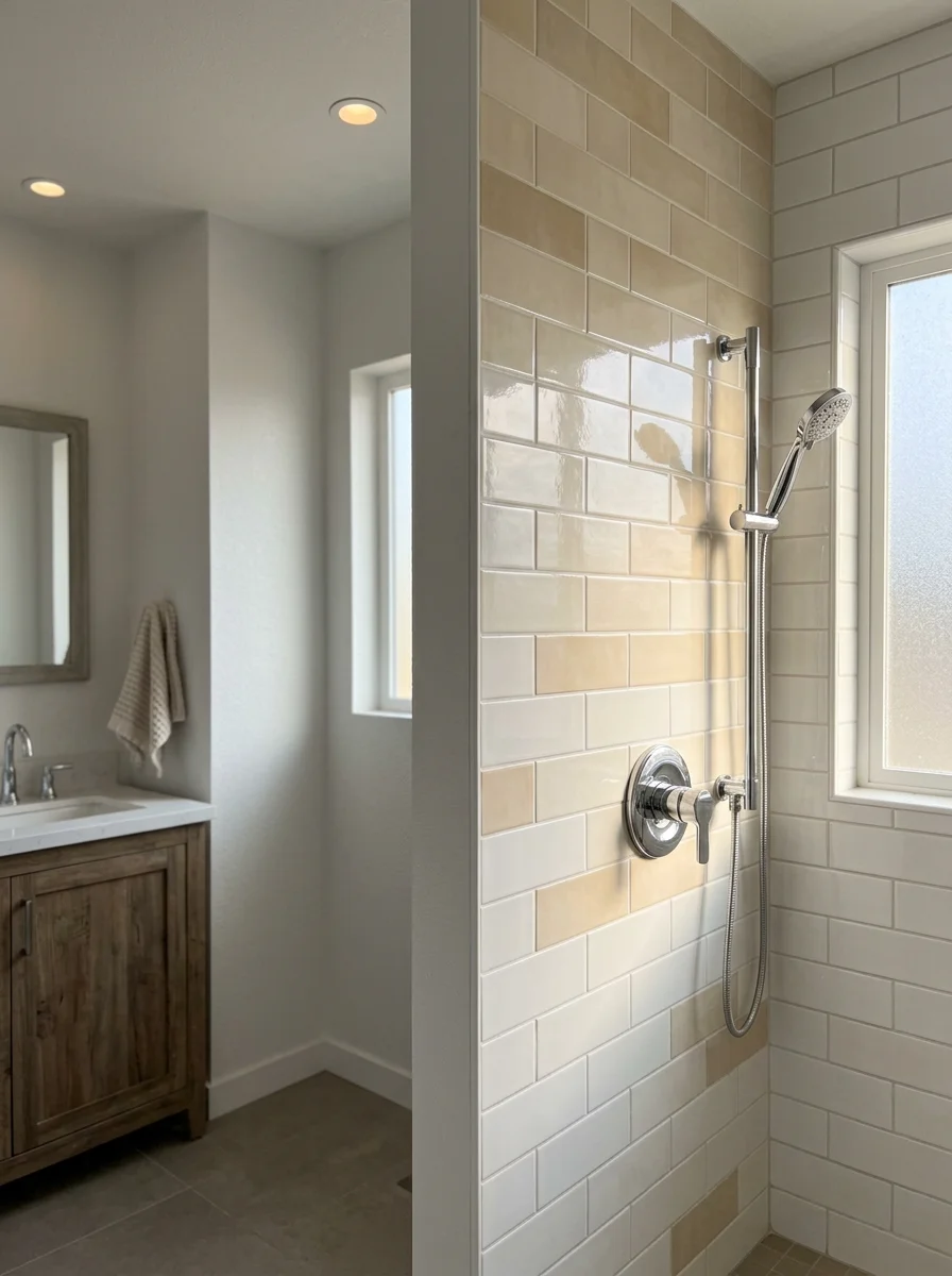 A finished ADU interior in Sonoma County showing tile work installation in the bathroom and new drywall throughout.