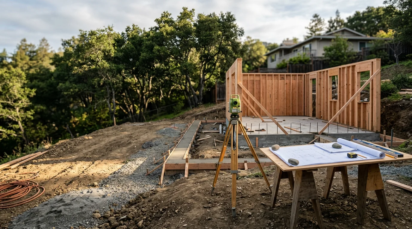 A newly constructed detached accessory dwelling unit with a private entrance situated in a residential backyard in Marin County, California. The finished structure shows exterior siding, a single entry door, and a small patio area adjacent to the main home.