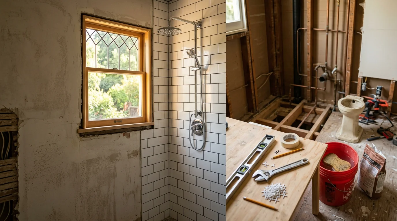 A remodeled bathroom in a Marin County home featuring an updated walk-in shower, new vanity, and fresh flooring. The space reflects a clean, functional layout suited to the older home construction common across Marin County.