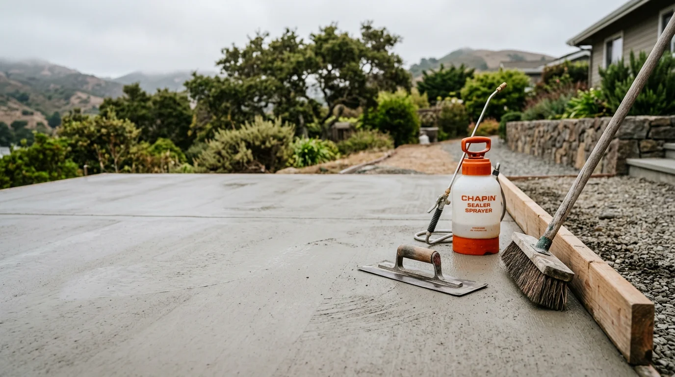 A freshly finished concrete slab outside a residential property in Marin County, showing a smooth, evenly textured surface ready for use. Jordan Mendez Construction concrete finishing work completed in the Bay Area.
