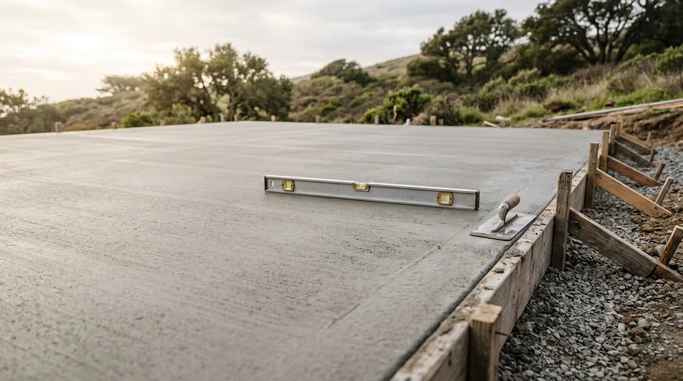 Fresh concrete being poured and leveled for a residential slab project in Marin County, California. Workers set forms on a prepared base with coastal hills visible in the background.