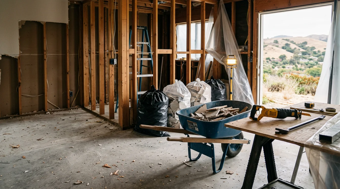 A residential demolition site in Marin County showing a cleared interior space with debris staged for removal. A general contractor surveys the open structure ahead of a renovation build.
