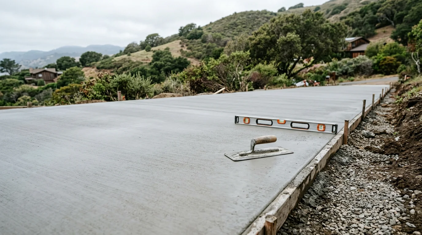 Freshly installed concrete driveway at a residential property in Marin County, California, with a smooth broom finish and clean edges leading to a single-car garage. The surrounding landscape shows the area's characteristic hillside terrain and mature trees.