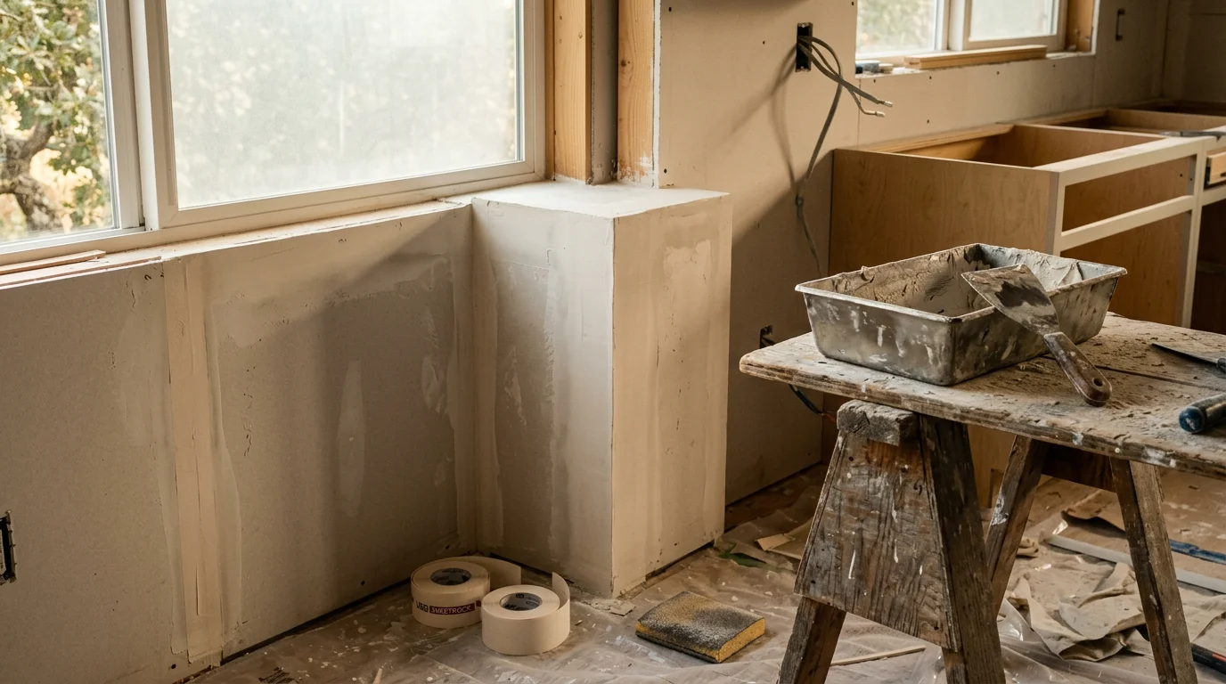 Freshly installed and taped drywall covering the walls and ceiling of a residential room in Marin County, with smooth mudded seams ready for sanding and paint.