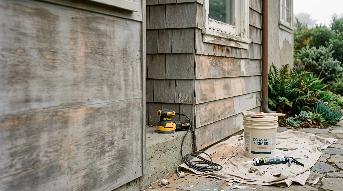 A Marin County home exterior with wood siding being scraped and sanded during painting preparation. A worker cleans and primes the surface in preparation for a new exterior paint coat.