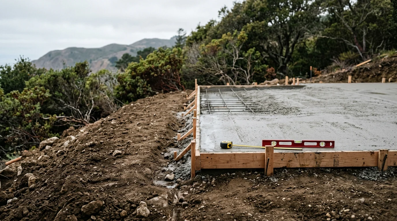 Freshly poured and formed concrete foundation for a residential home on a sloped lot in Marin County, California. The foundation footings and stem walls are visible before framing begins, showing reinforced concrete construction on uneven terrain.