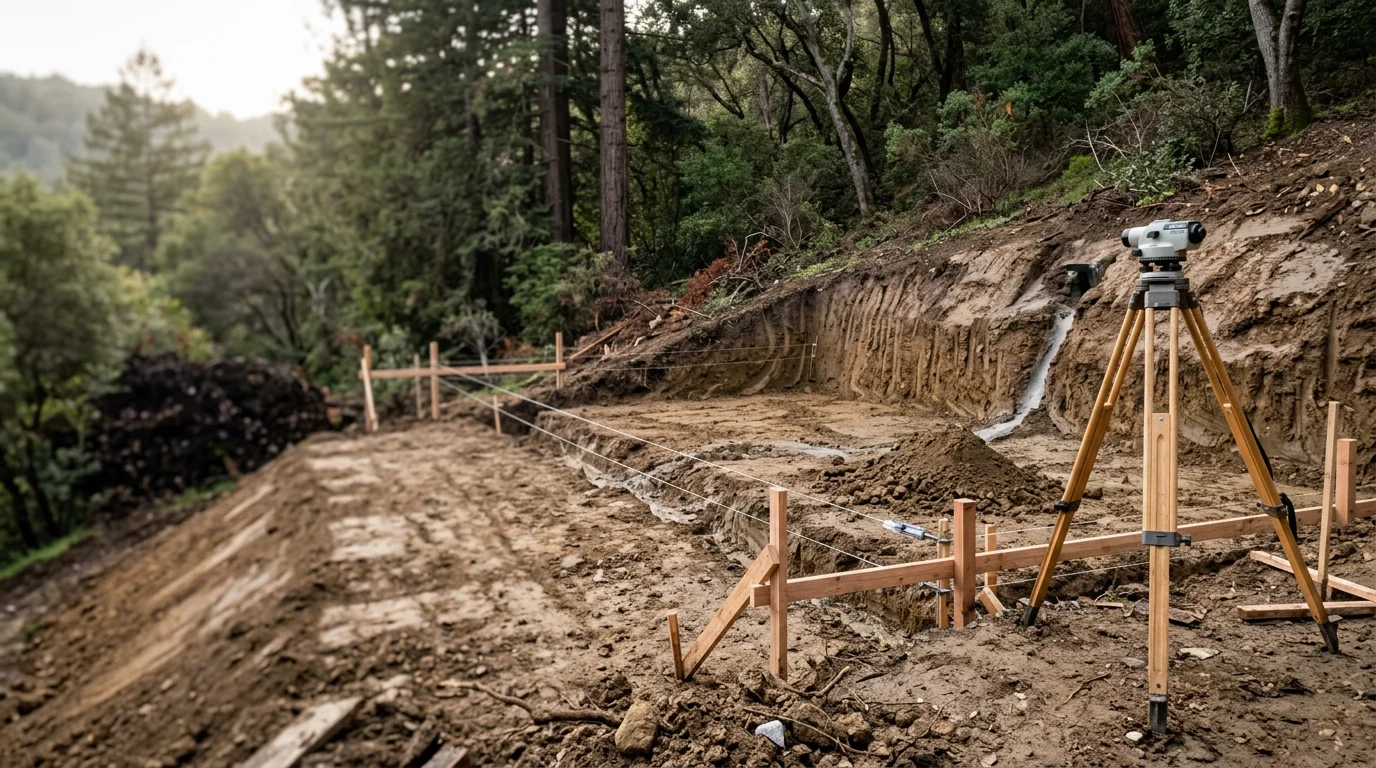 A freshly poured concrete foundation for a new residential home on a hillside lot in Marin County, California. The formed footings and slab base are visible before framing begins, with the surrounding excavated soil showing the site's natural grade.