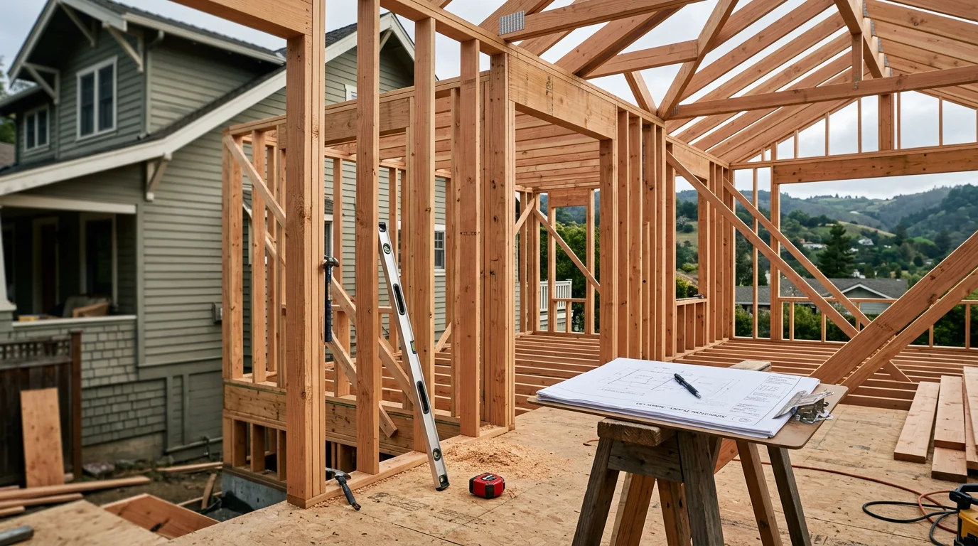 A newly completed single-story home addition in Marin County, showing a framed and finished room extension attached to an existing residential structure. The exterior matches the original home's roofline and siding, set against a typical Marin County residential lot.
