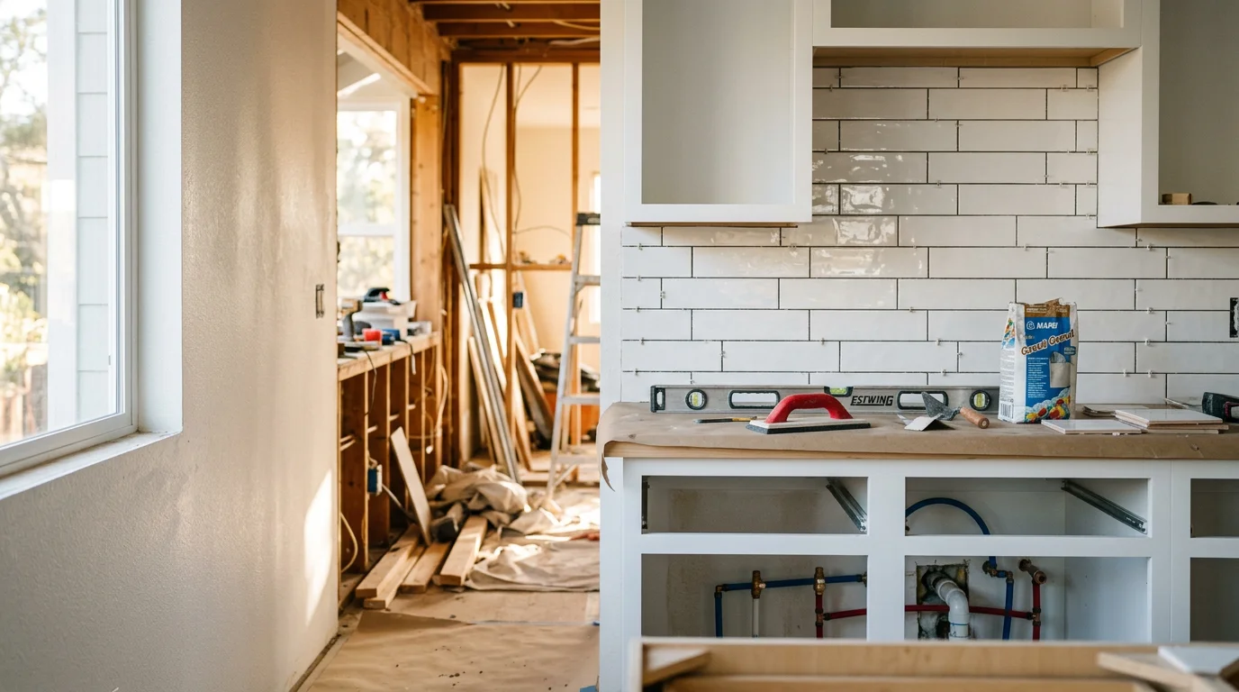 Remodeled kitchen in a Marin County home featuring updated cabinetry, a center island, and an open layout replacing a formerly compartmentalized floor plan. Jordan Mendez Construction kitchen remodeling project serving the Marin County area.