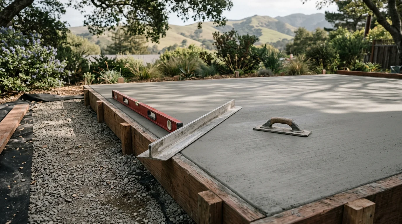 A freshly installed concrete patio in a Marin County backyard, showing a smooth, level surface with clean edges and surrounding landscaping. The finished slab extends from the rear of a residential home, providing a defined outdoor space for dining and relaxation.