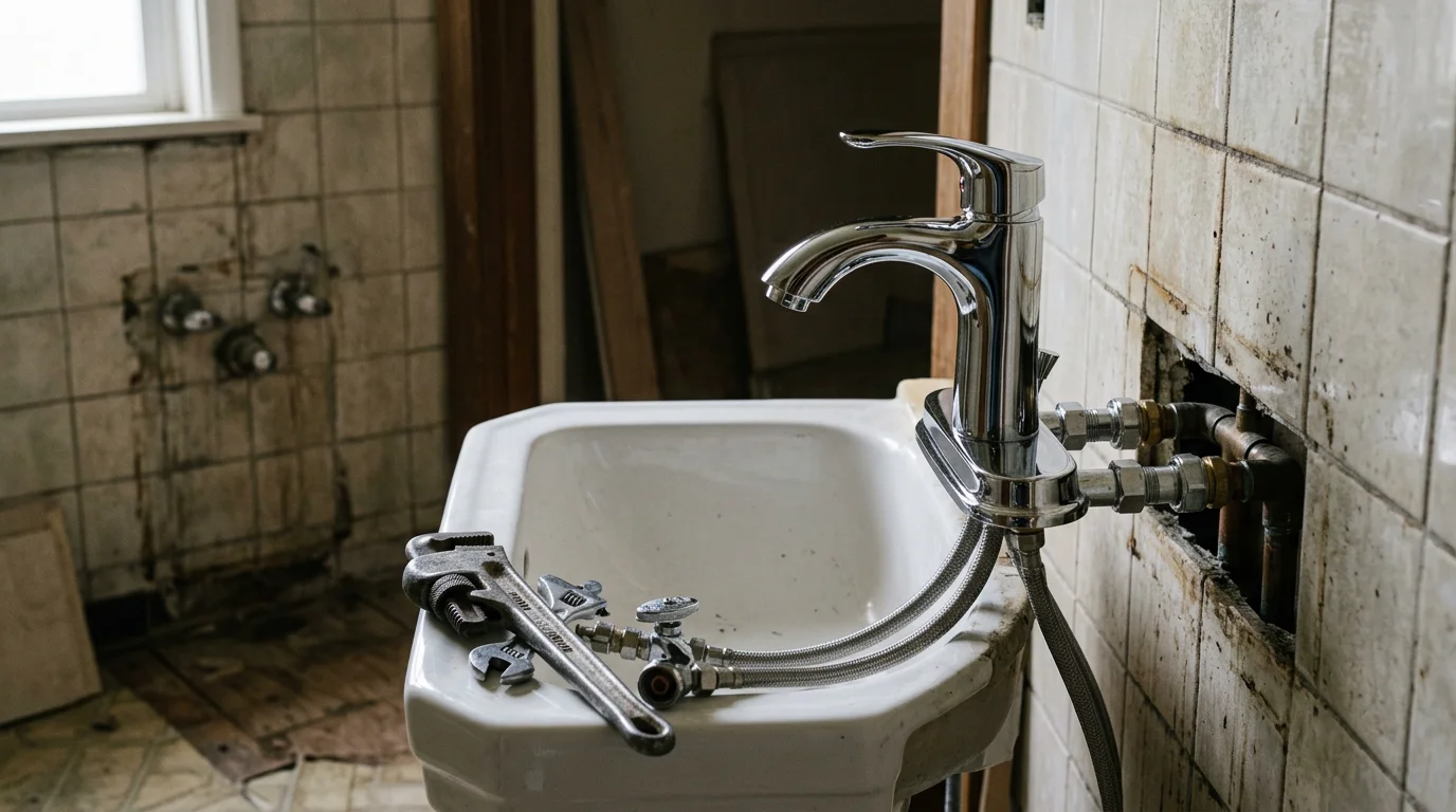 Newly installed kitchen sink and faucet fixture in a remodeled Marin County home, with clean supply line connections visible under the cabinet. A finished bathroom in the same Marin County residence shows a wall-mounted faucet set over a vessel sink, with tile surround work completed around it.