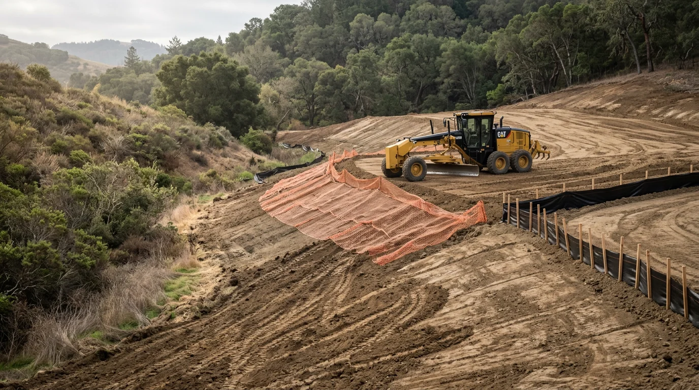 A graded and cleared residential lot in Marin County with compacted soil and drainage slope visible, ready for foundation work. Surrounding hillside terrain and mature trees are visible in the background.