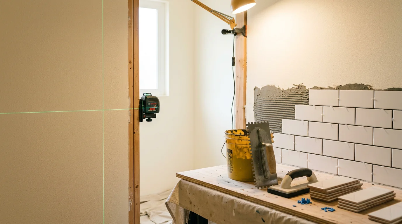 Freshly installed floor and wall tile in a bathroom remodel completed by Jordan Mendez Construction in Marin County. Clean grout lines and a level tile surface run from the shower surround to the bathroom floor.
