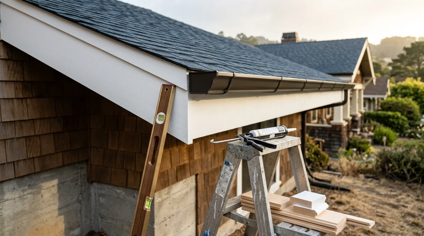 Freshly installed white fascia boards and exterior trim along the roofline of a Craftsman-style home in Marin County, with clean gutter attachment points and tight corner trim visible against the painted wood siding.