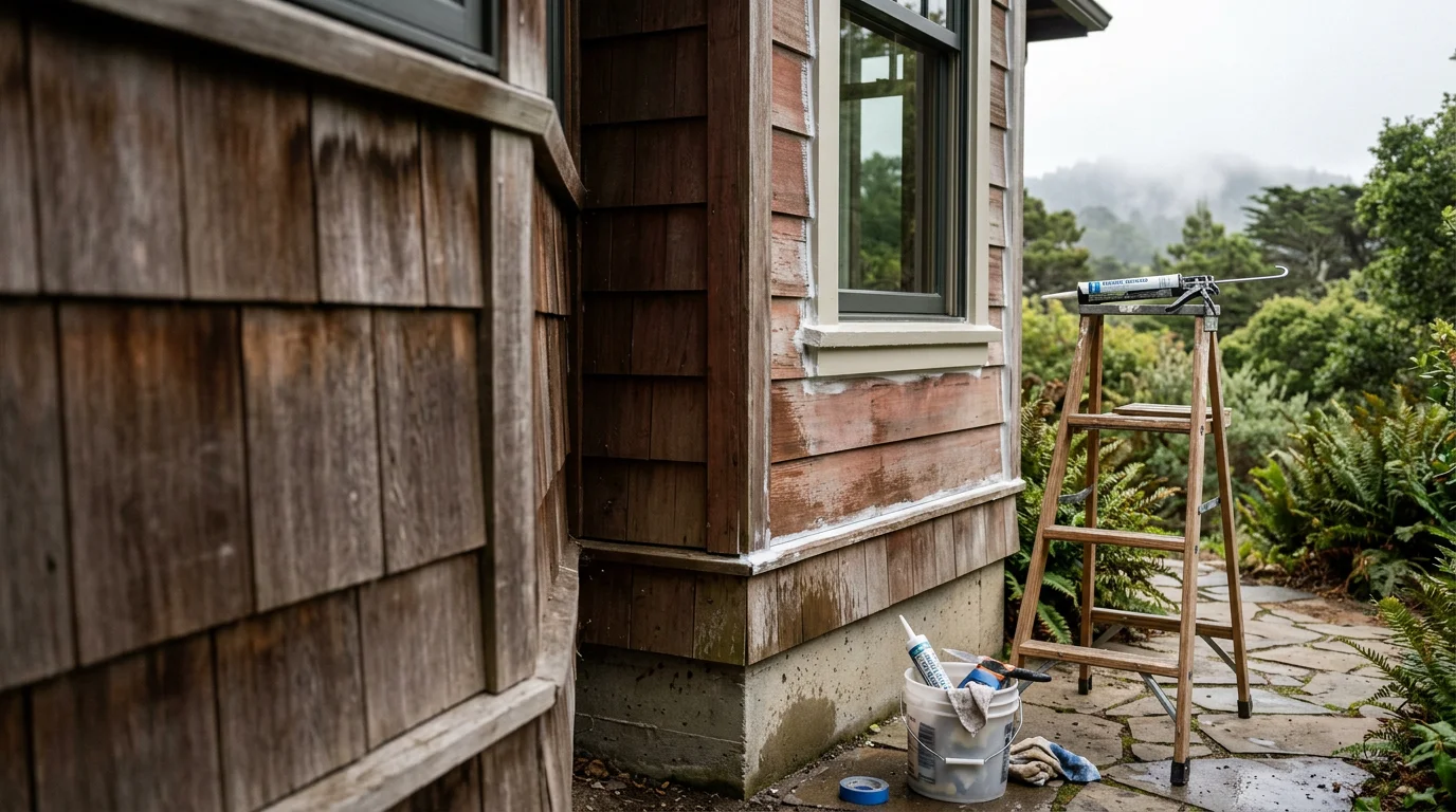 A contractor applying fresh sealant around a window frame on the exterior of a wood-sided home in Marin County. The surrounding siding shows the coastal weathering typical of homes near the San Francisco Bay.